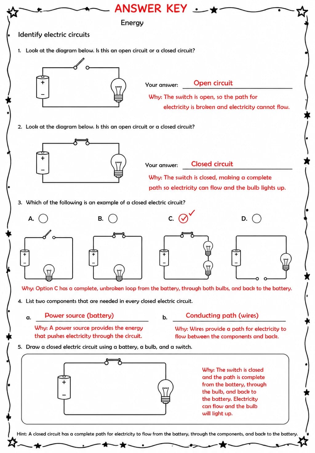 Answer key for Identify electric circuits — free printable Science worksheet