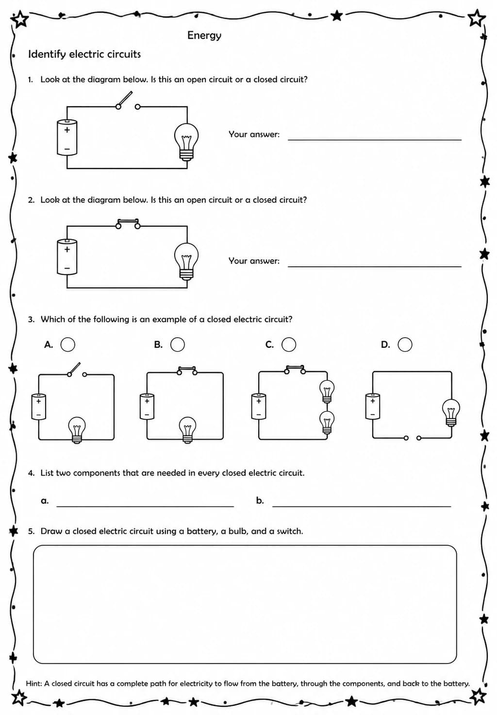 Identify electric circuits — free printable Grade 5 Science worksheet