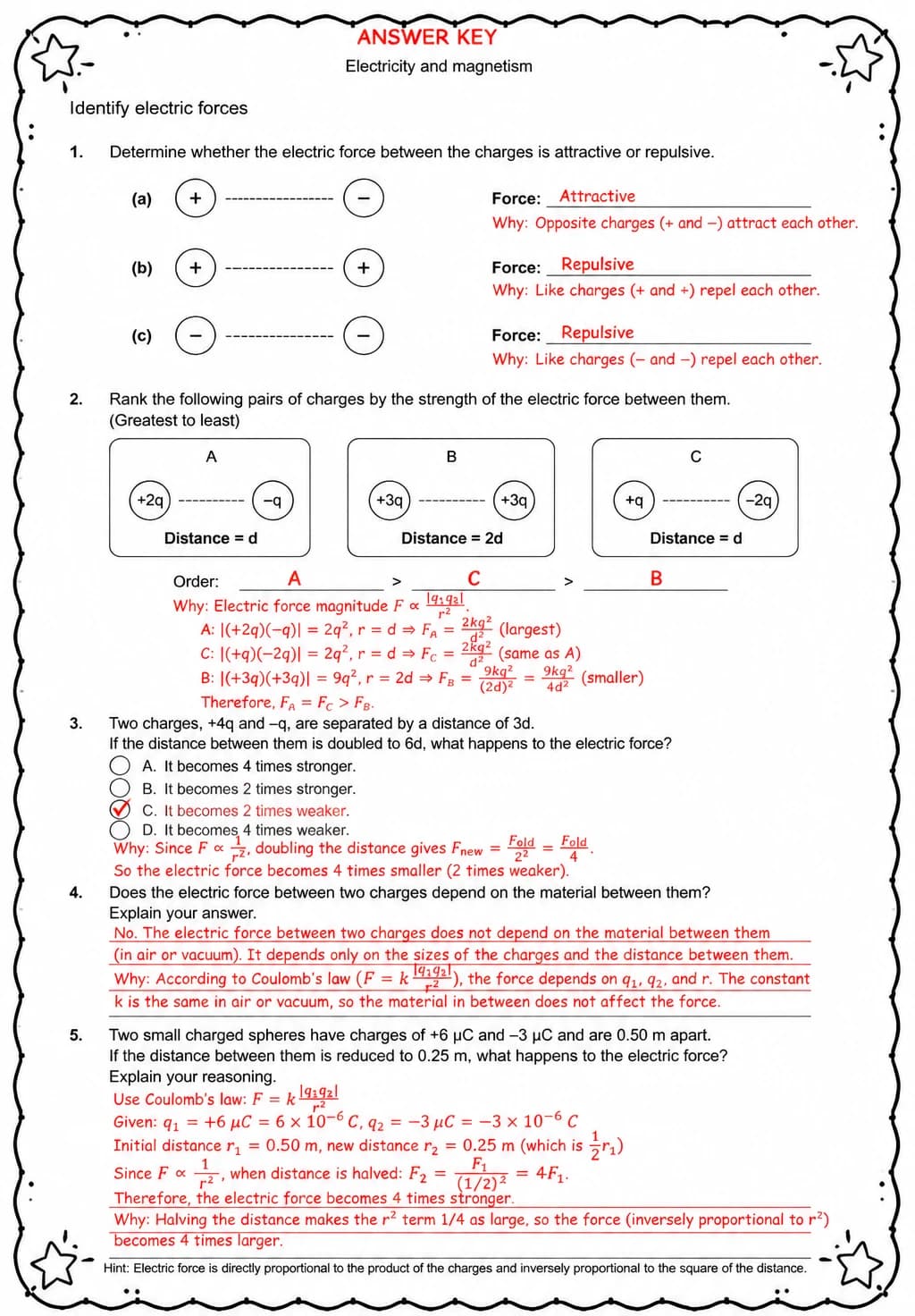 Answer key for Identify electric forces — free printable Science worksheet