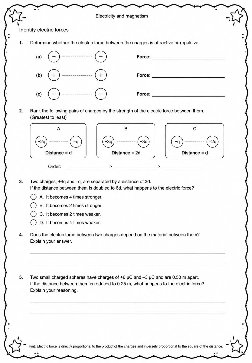 Identify electric forces — free printable Middle School Science worksheet