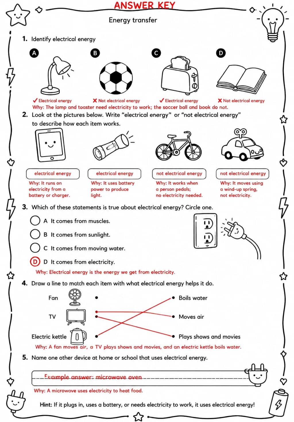 Answer key for Identify electrical energy — free printable Science worksheet