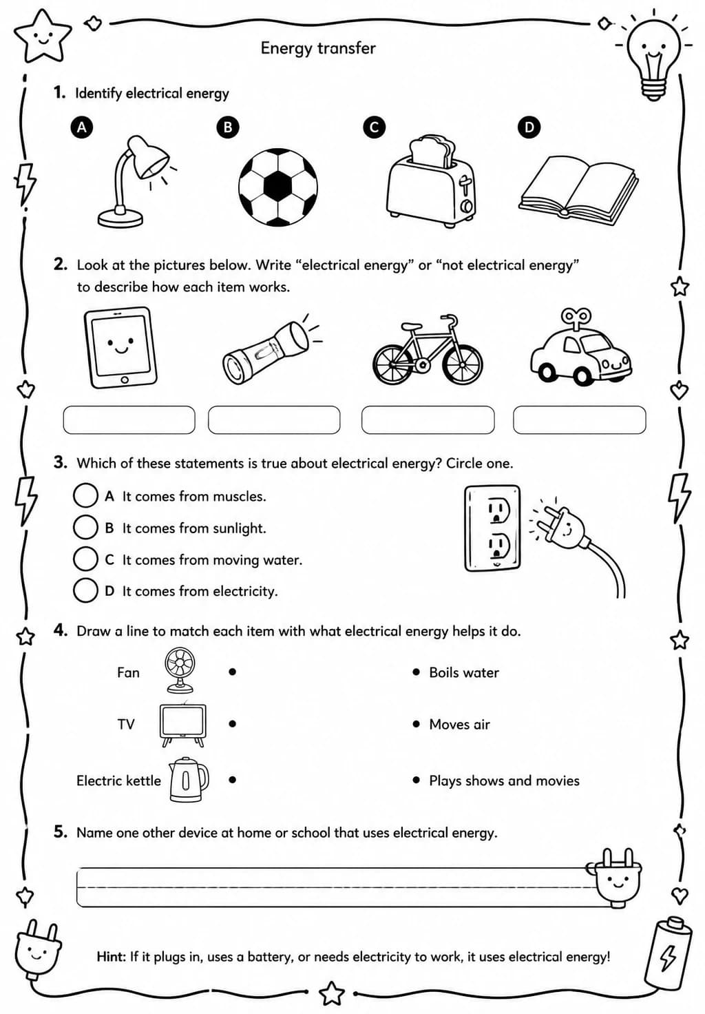Identify electrical energy — free printable Grade 4 Science worksheet