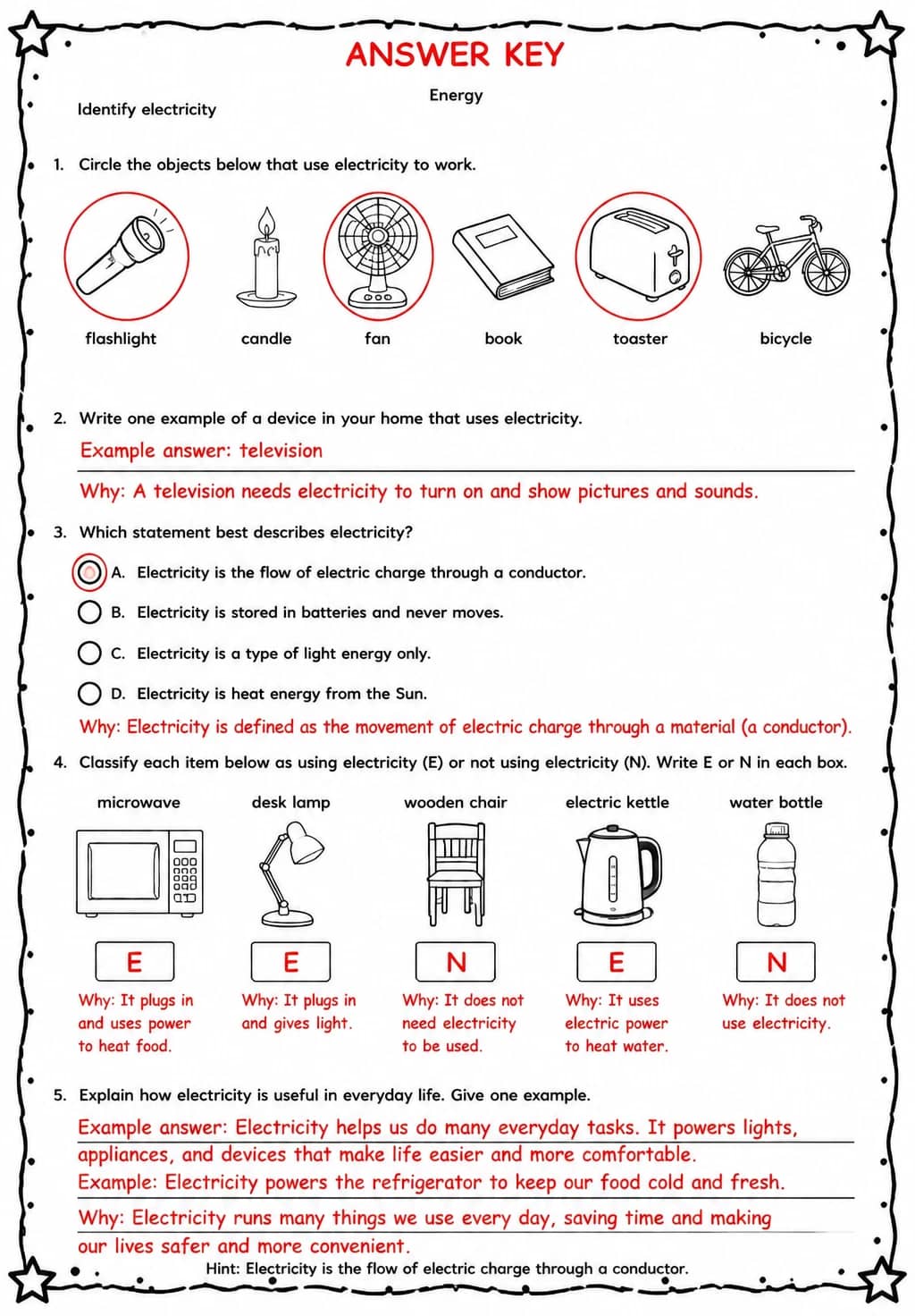 Answer key for Identify electricity — free printable Science worksheet
