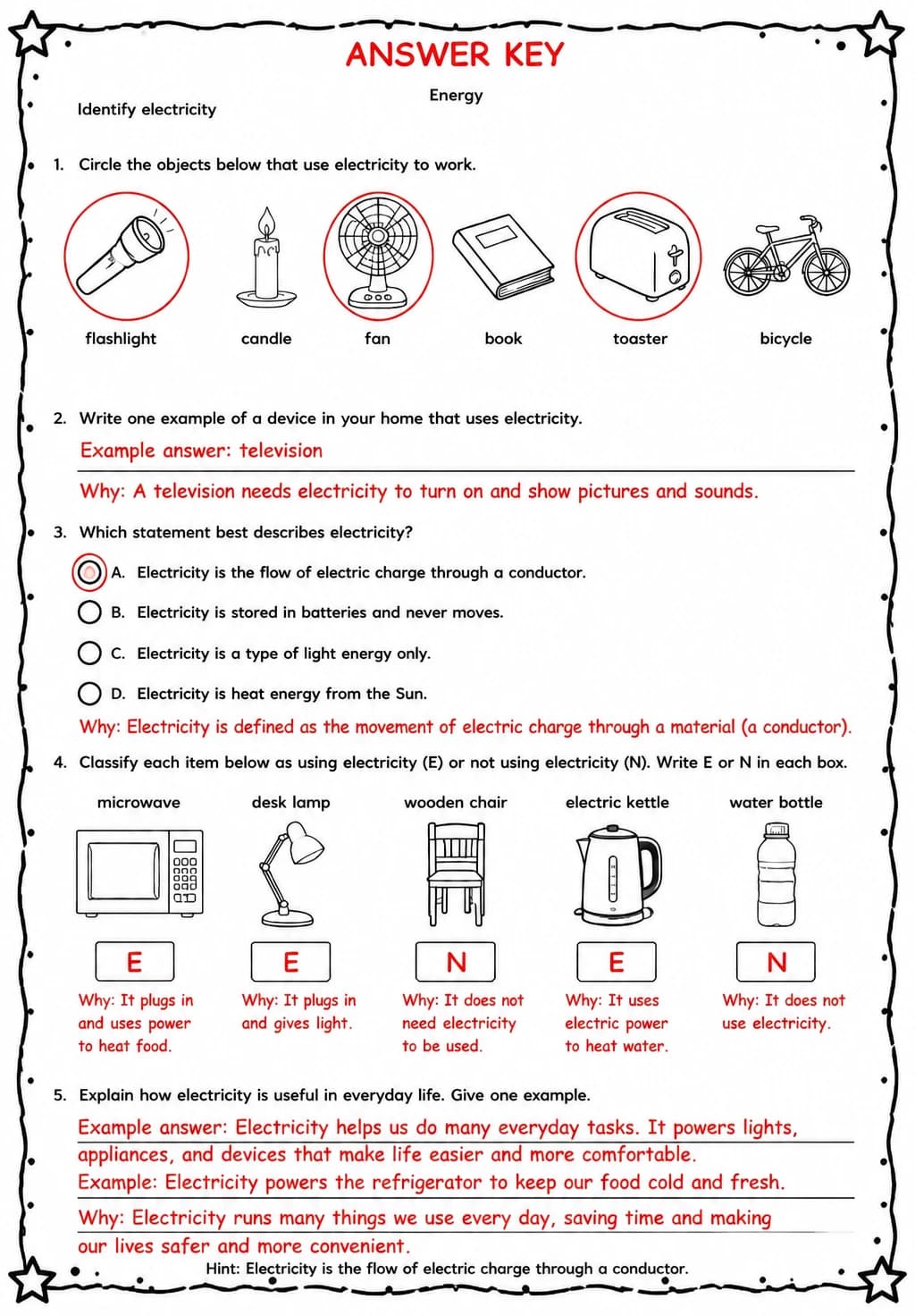 Answer key for Identify electricity — free printable Science worksheet