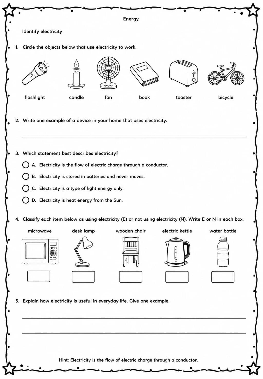 Identify electricity — free printable Middle School Science worksheet