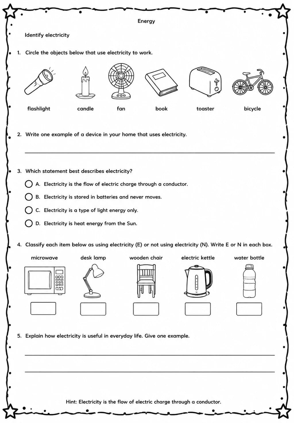 Identify electricity — free printable Middle School Science worksheet