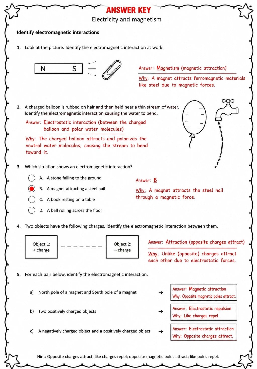 Answer key for Identify electromagnetic interactions — free printable Science worksheet