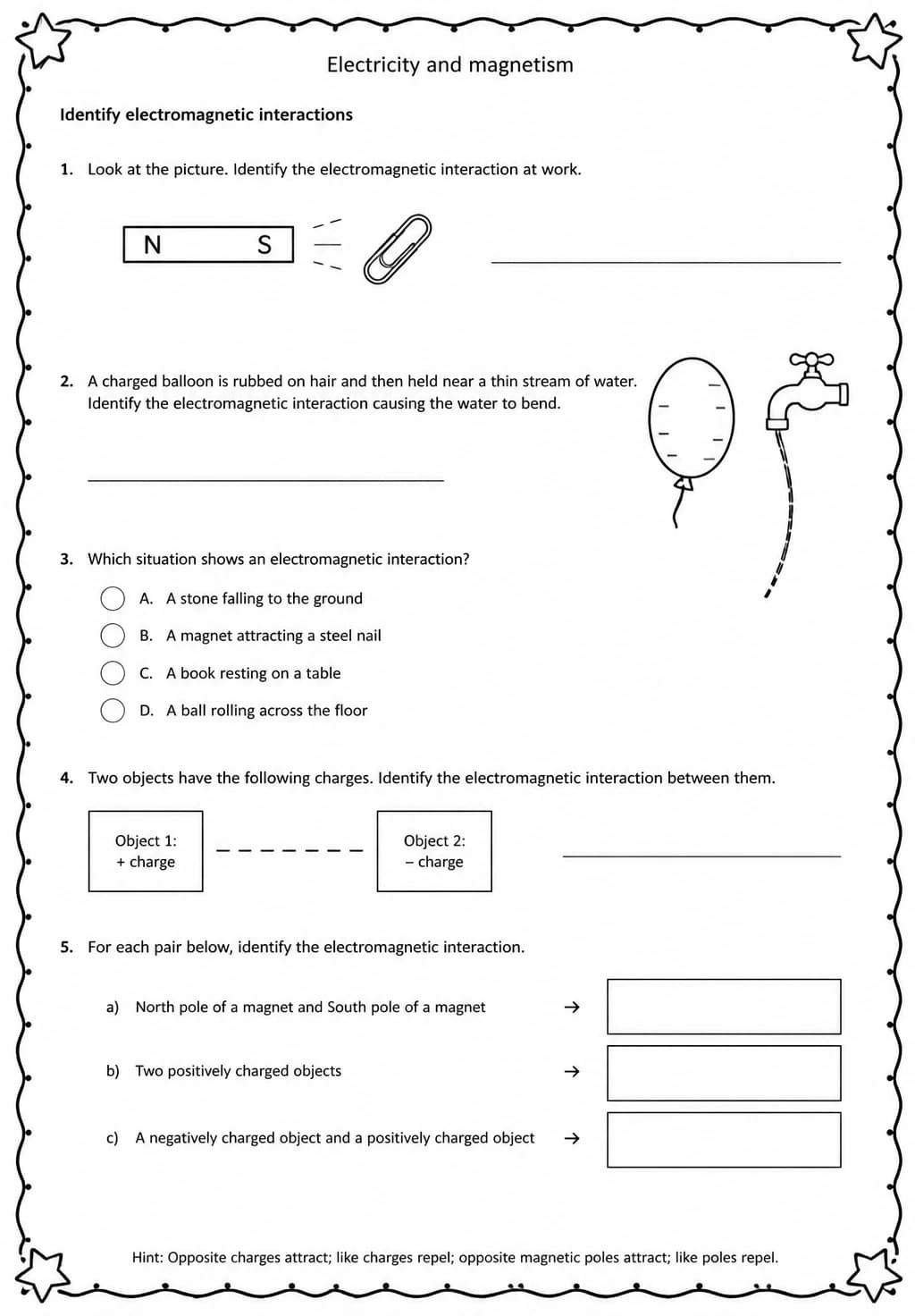 Identify electromagnetic interactions — free printable Middle School Science worksheet