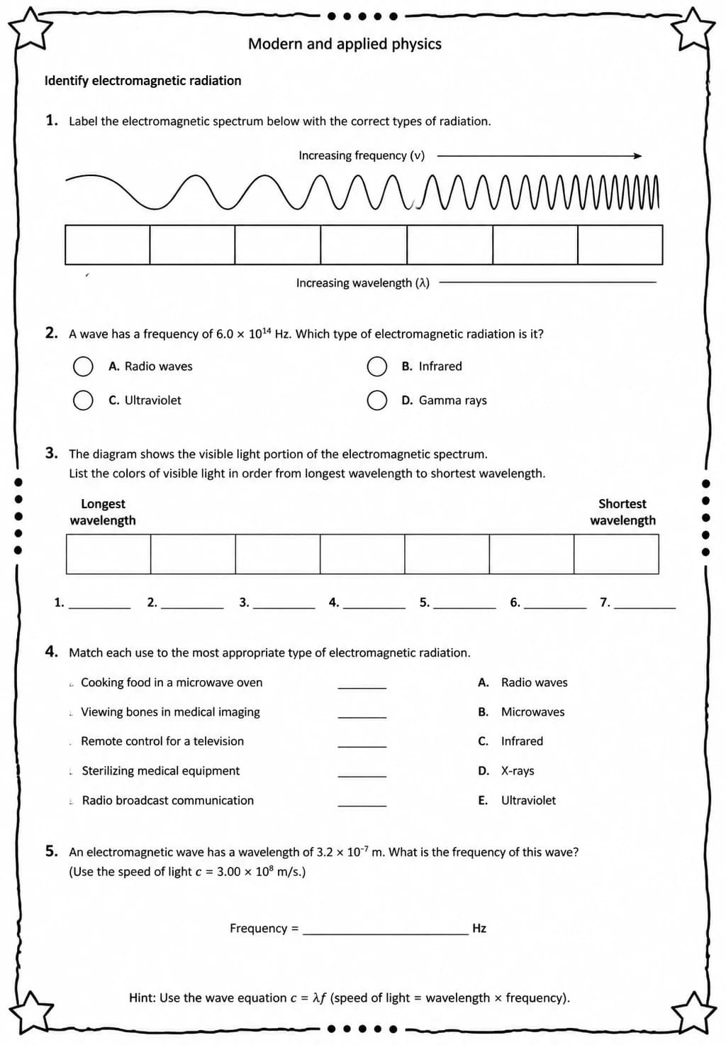 Identify electromagnetic radiation — free printable High School Science worksheet