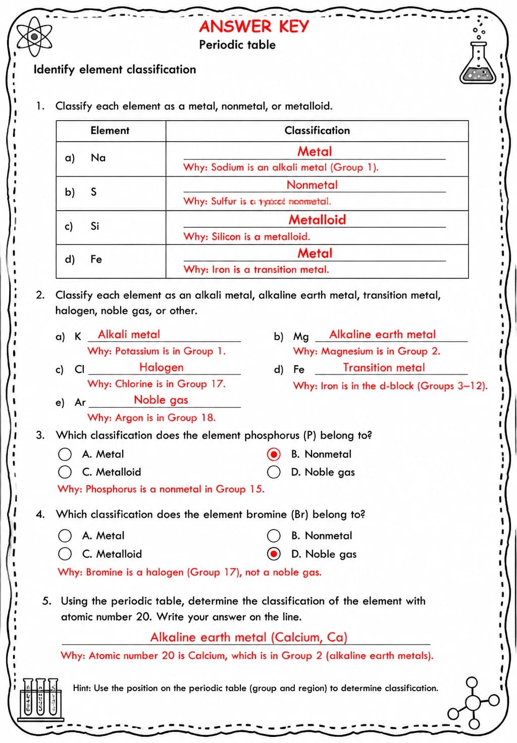 Answer key for Identify element classification — free printable Science worksheet