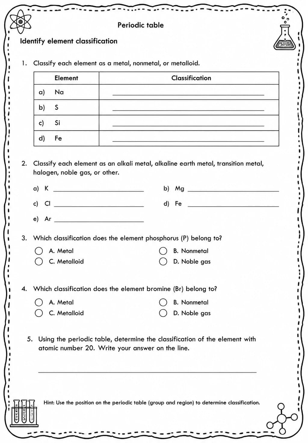 Identify element classification — free printable High School Science worksheet