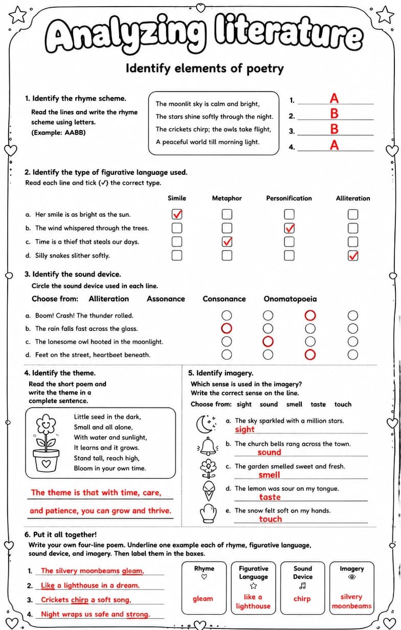 Answer key for Identify elements of poetry — free printable English & Reading worksheet