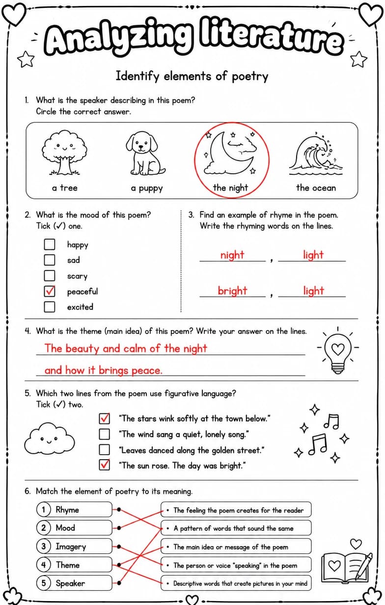 Answer key for Identify elements of poetry — free printable English & Reading worksheet