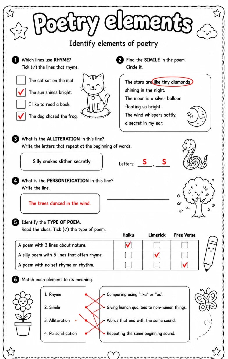 Answer key for Identify elements of poetry — free printable English & Reading worksheet