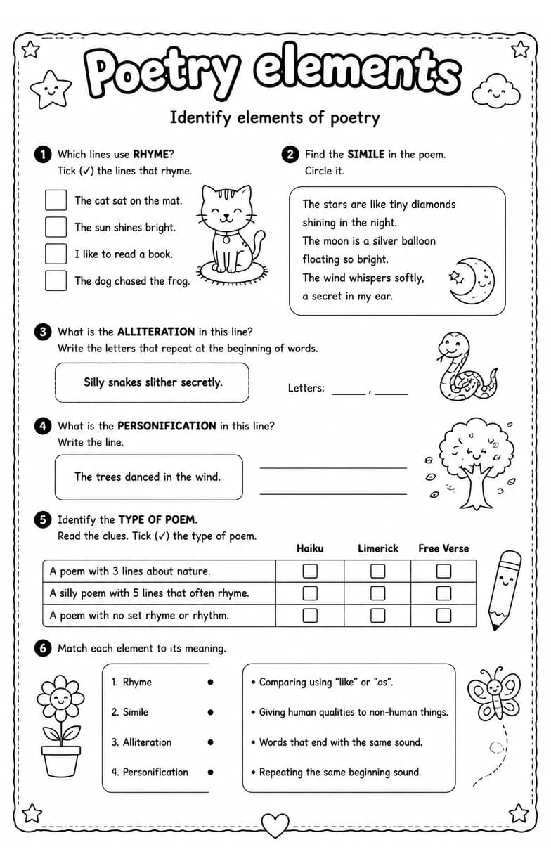 Identify elements of poetry — free printable Grade 4 English & Reading worksheet
