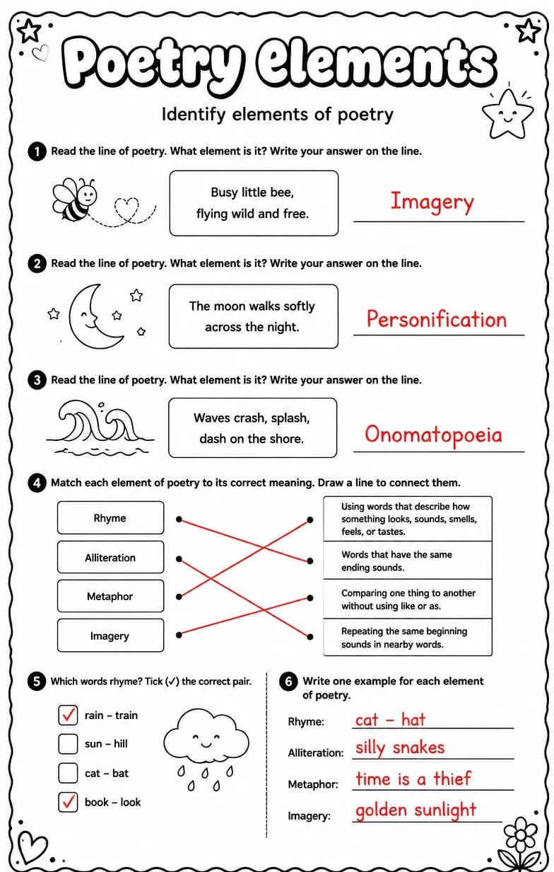 Answer key for Identify elements of poetry — free printable English & Reading worksheet