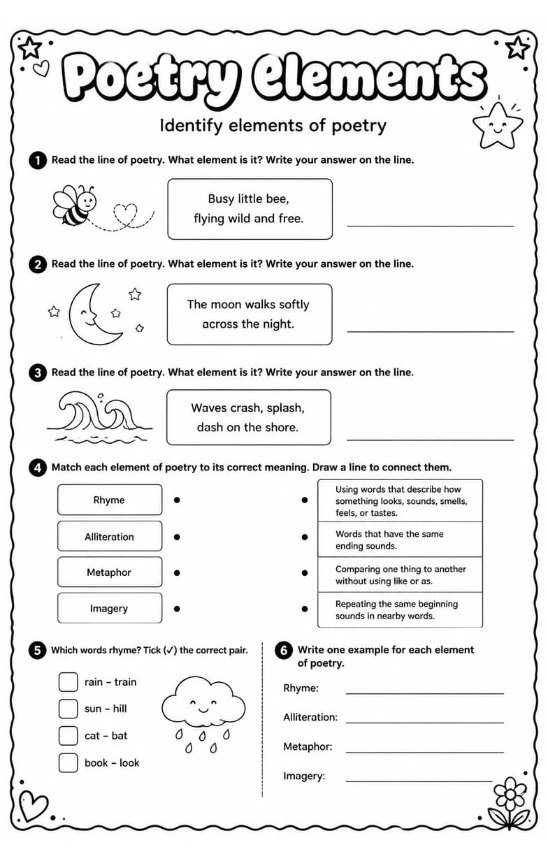 Identify elements of poetry — free printable Grade 5 English & Reading worksheet