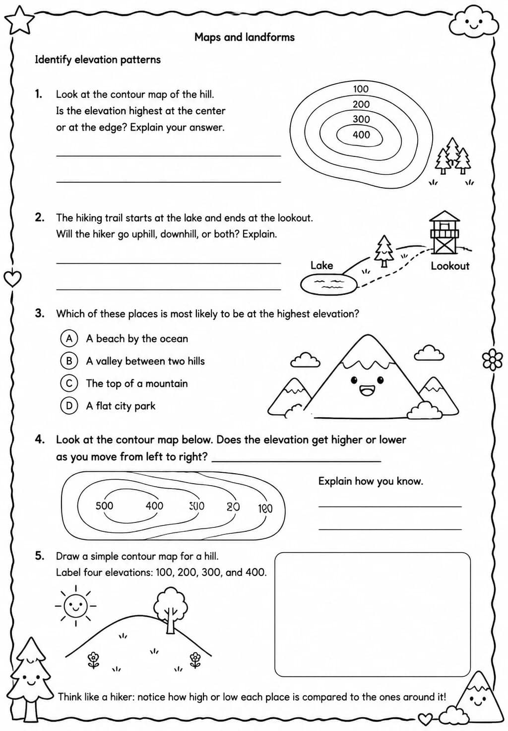 Identify elevation patterns — free printable Grade 4 Science worksheet