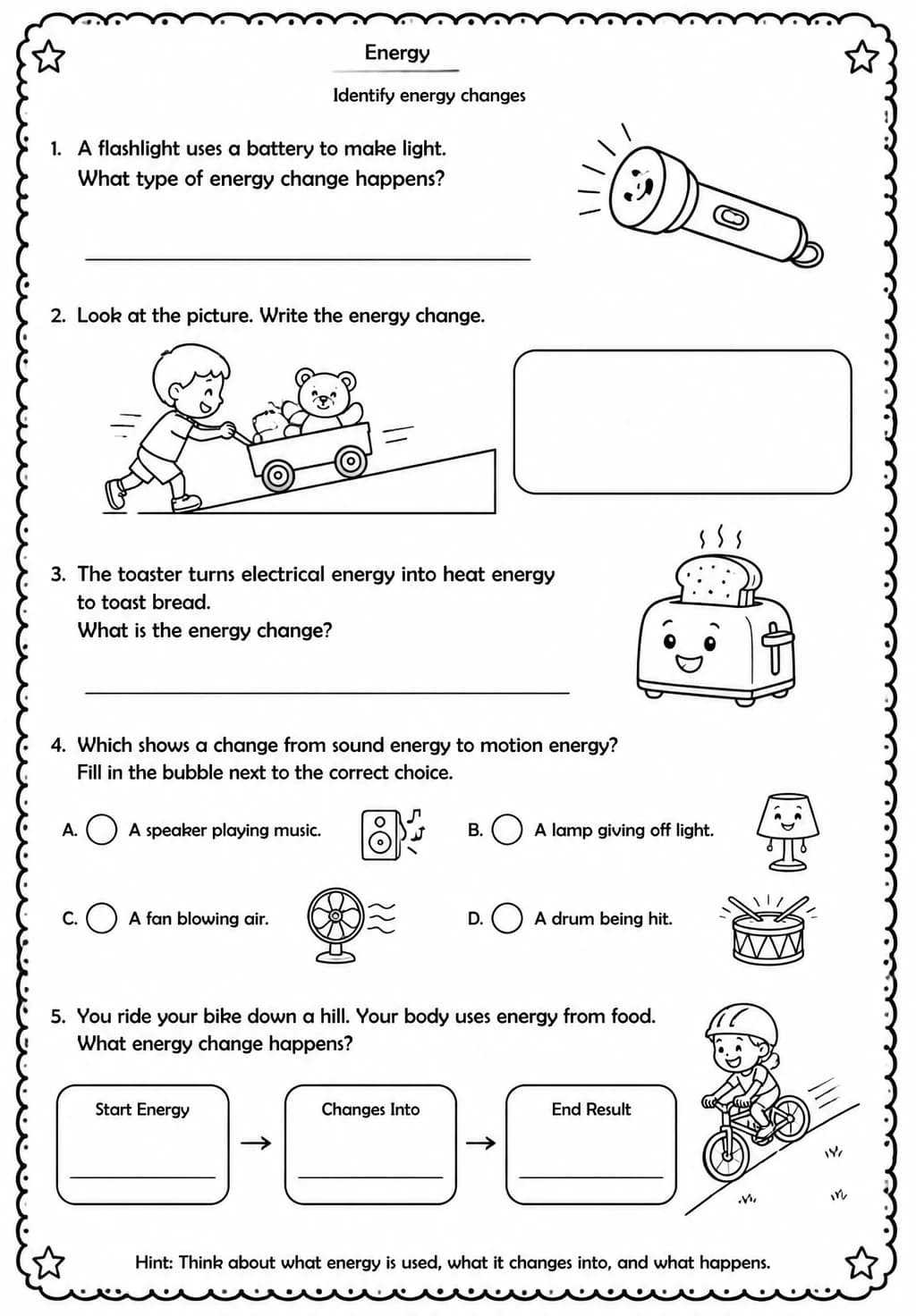 Identify energy changes — free printable Grade 3 Science worksheet