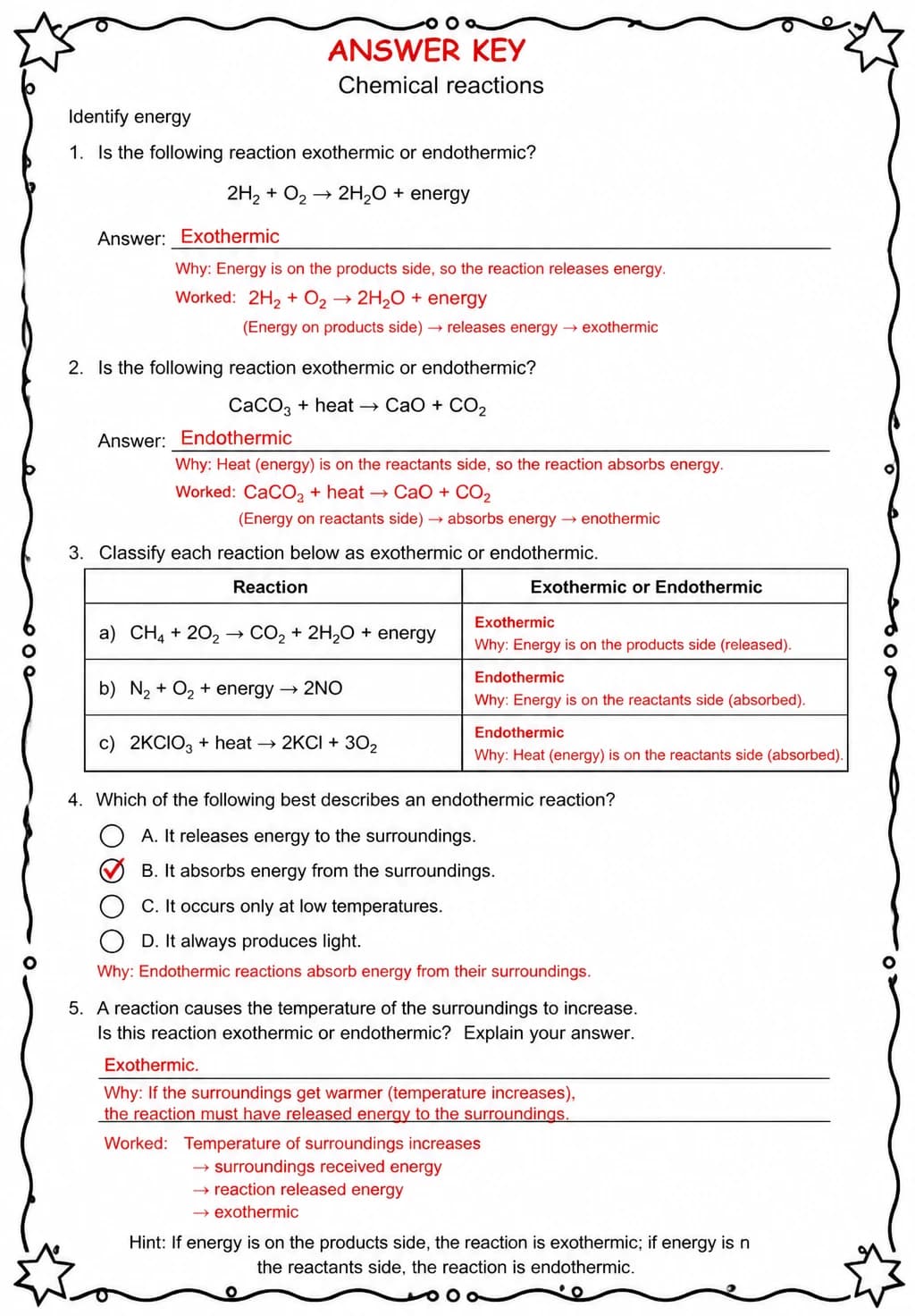 Answer key for Identify energy — free printable Science worksheet