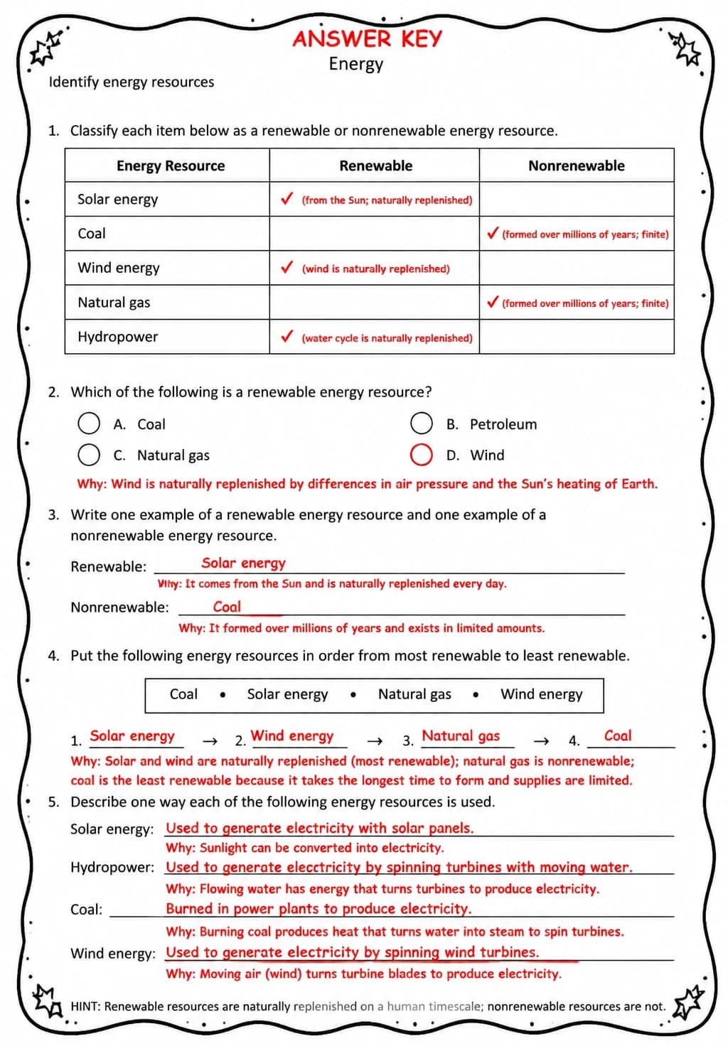 Answer key for Identify energy resources — free printable Science worksheet