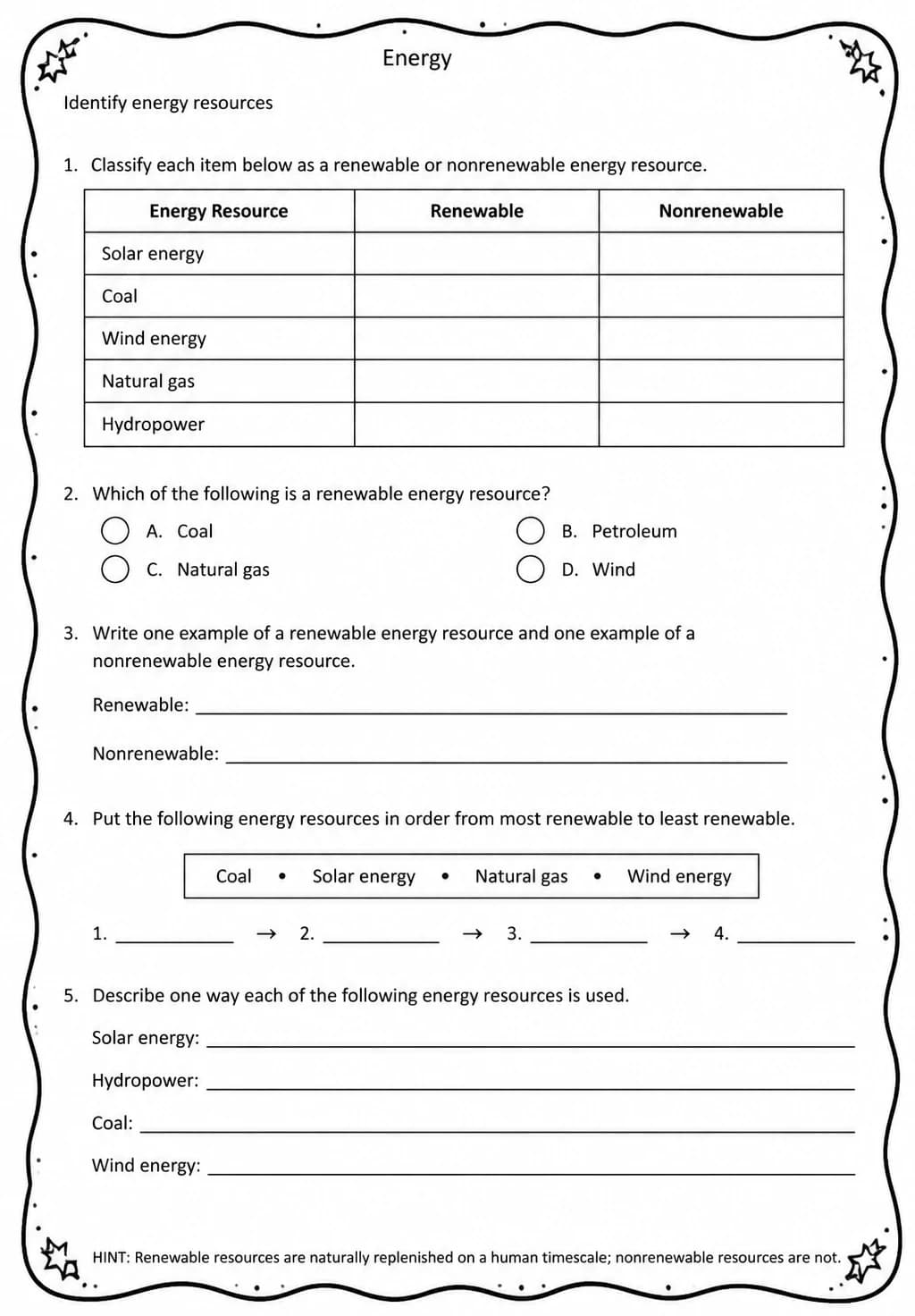Identify energy resources — free printable Middle School Science worksheet