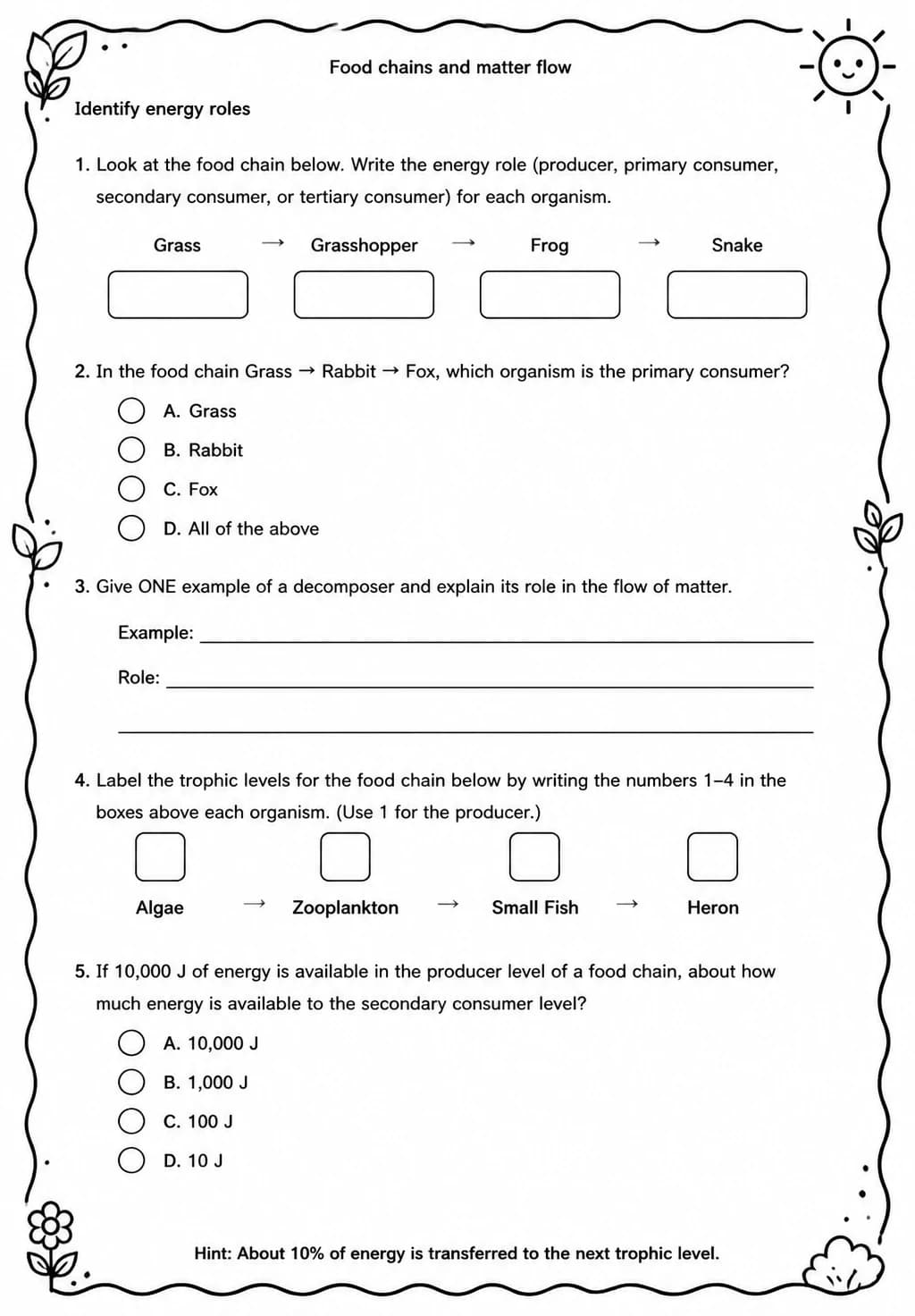 Identify energy roles — free printable Grade 5 Science worksheet