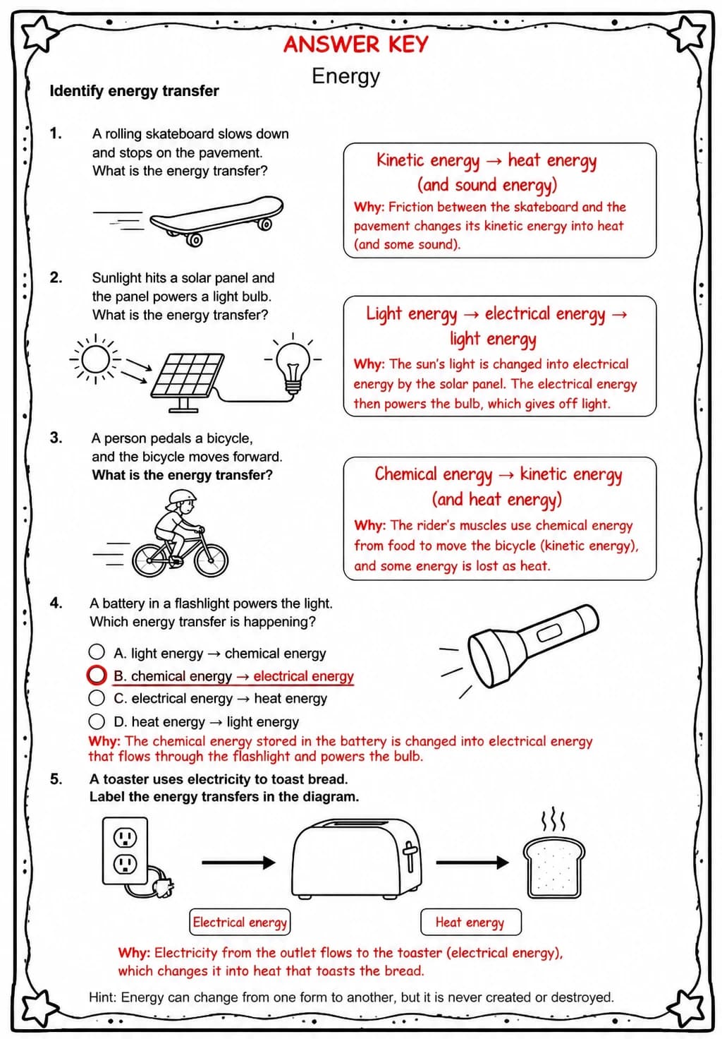 Answer key for Identify energy transfer — free printable Science worksheet