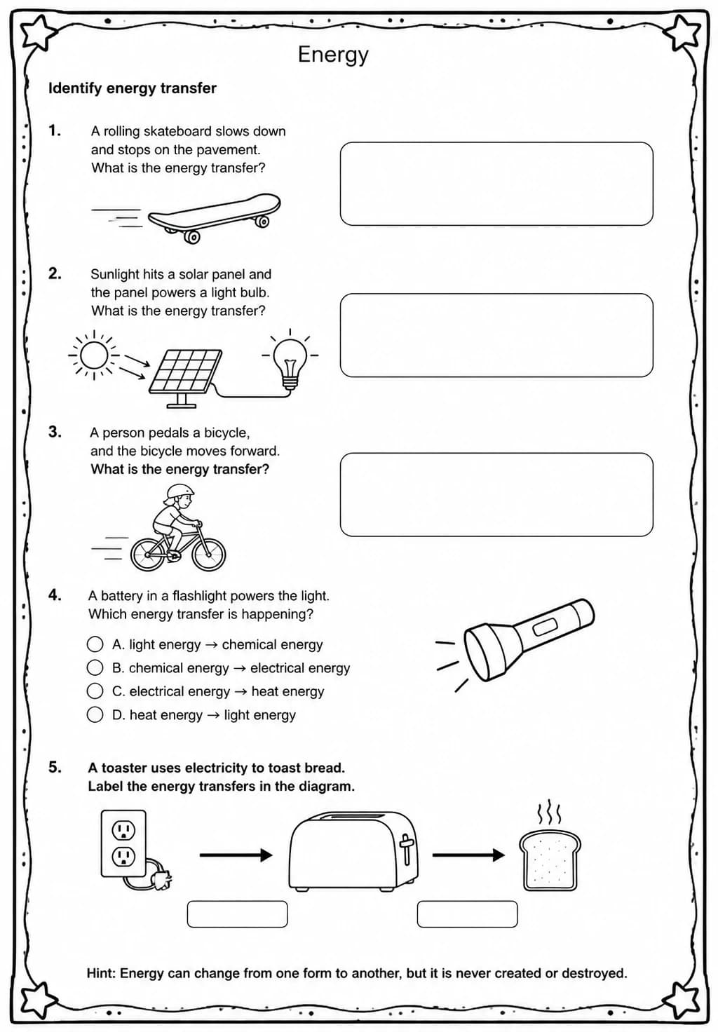 Identify energy transfer — free printable Grade 5 Science worksheet