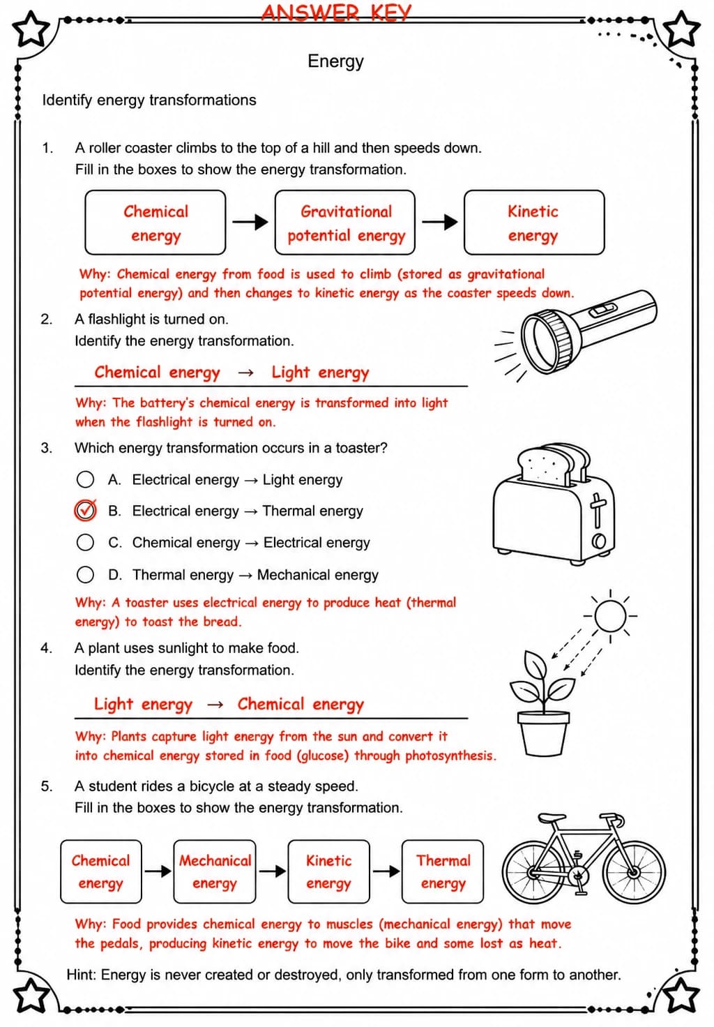 Answer key for Identify energy transformations — free printable Science worksheet