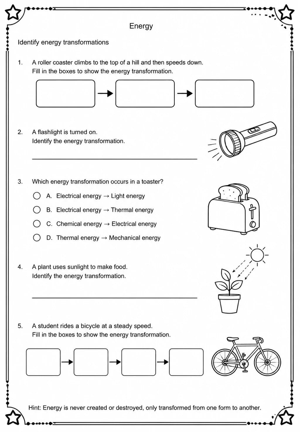 Identify energy transformations — free printable Middle School Science worksheet