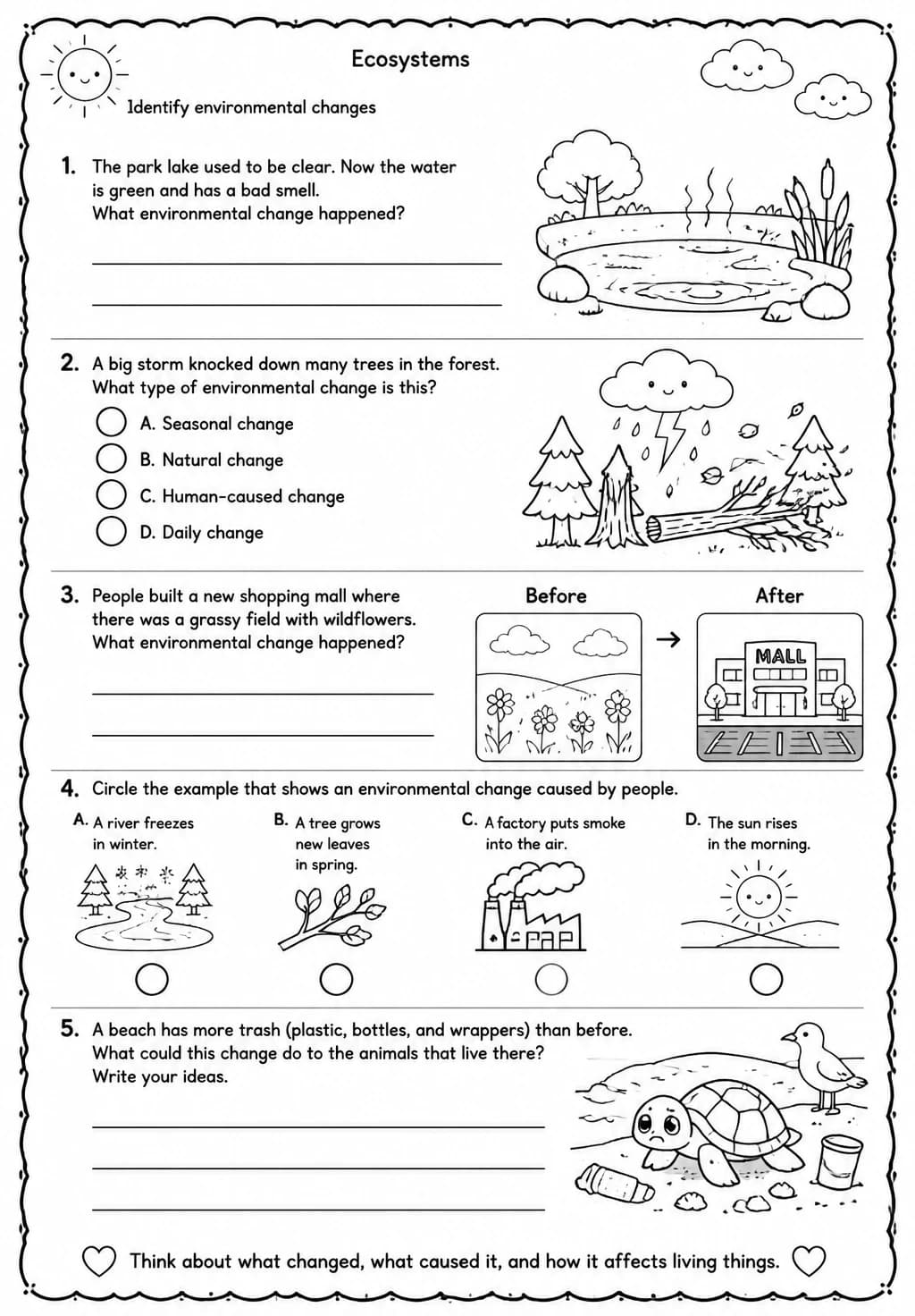 Identify environmental changes — free printable Grade 4 Science worksheet