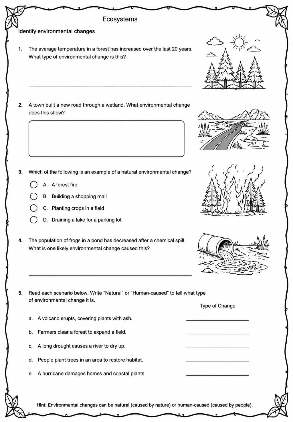Identify environmental changes — free printable Grade 5 Science worksheet