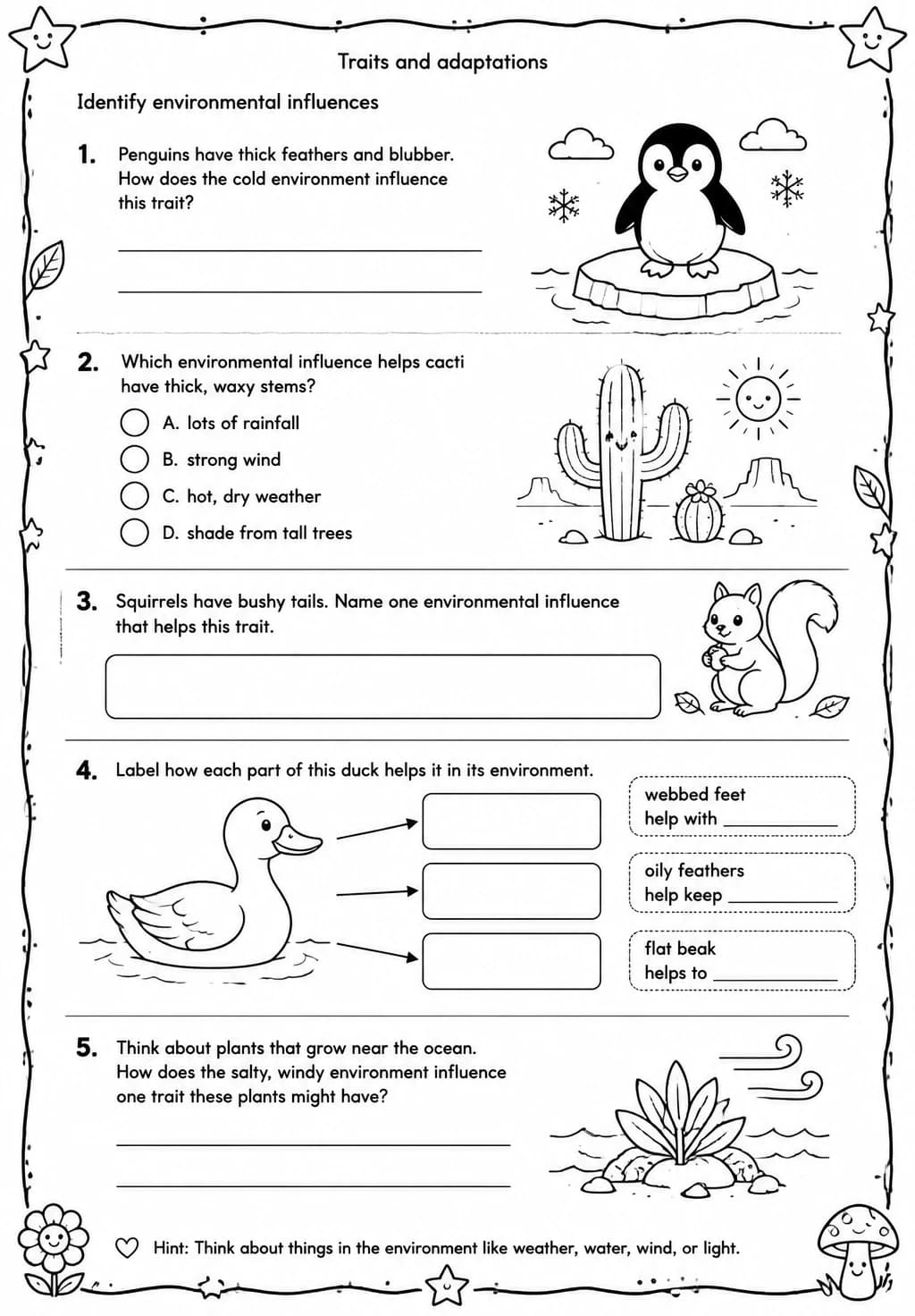 Identify environmental influences — free printable Grade 3 Science worksheet