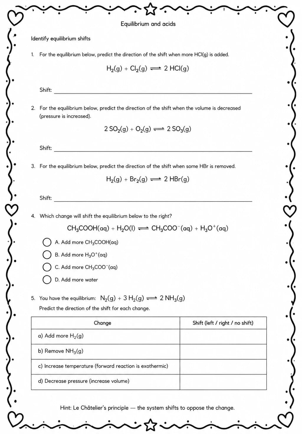 Identify equilibrium shifts — free printable High School Science worksheet