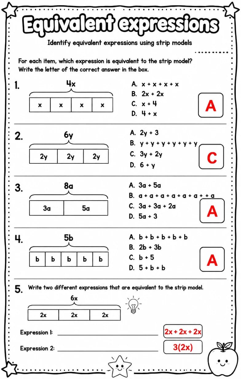 Answer key for Identify equivalent expressions using strip models — free printable Math worksheet