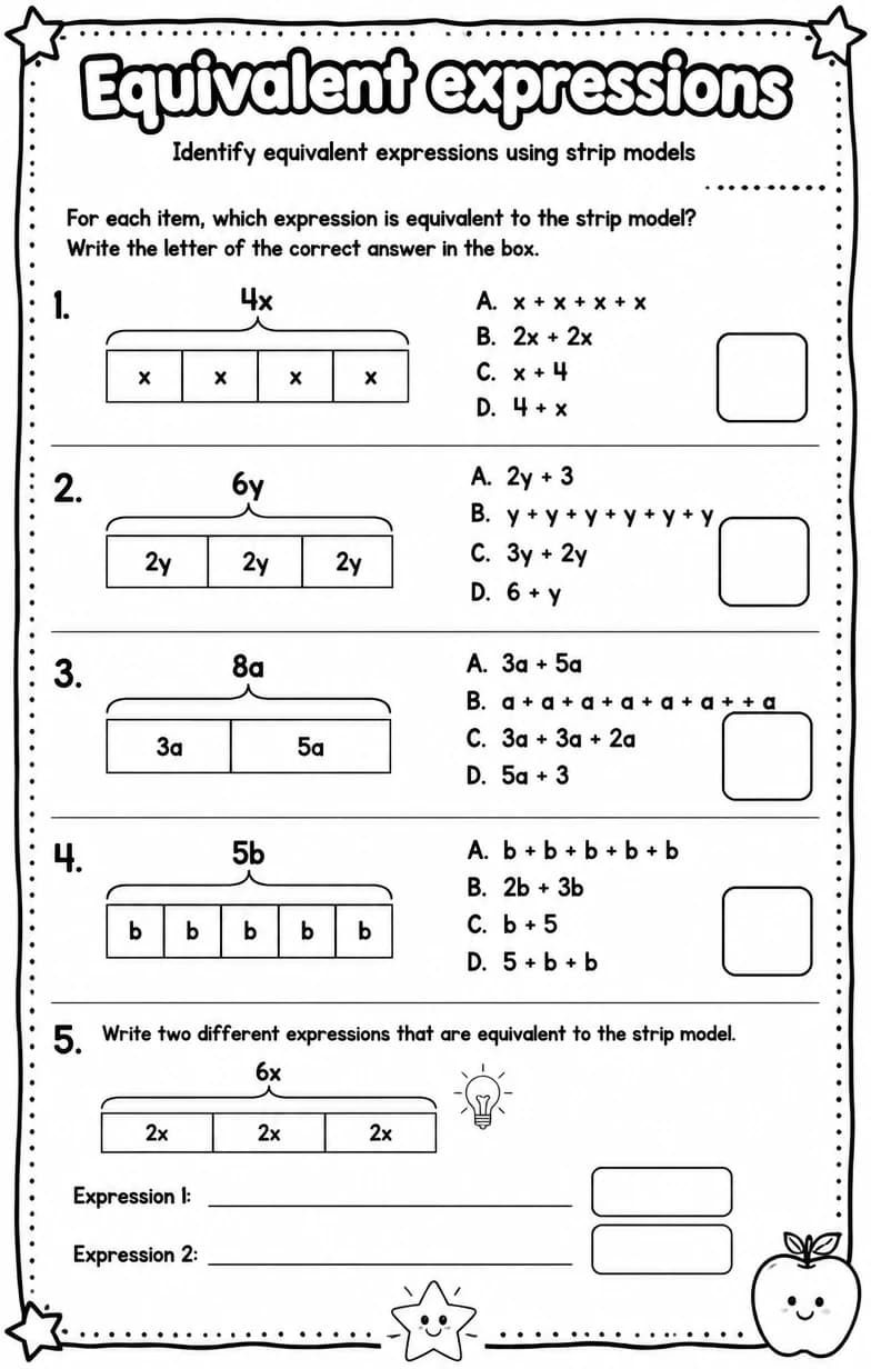 Identify equivalent expressions using strip models — free printable Grade 6 math worksheet