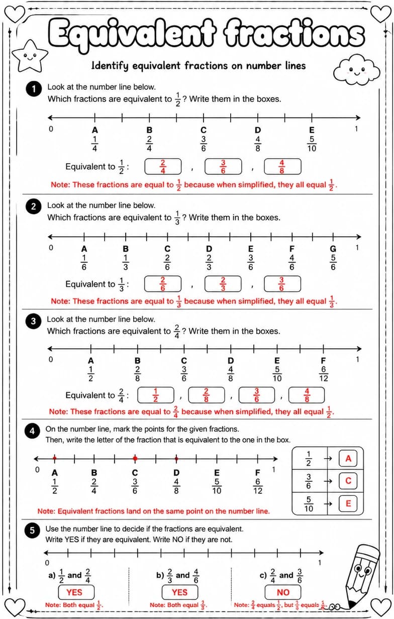 Answer key for Identify equivalent fractions on number lines — free printable Math worksheet