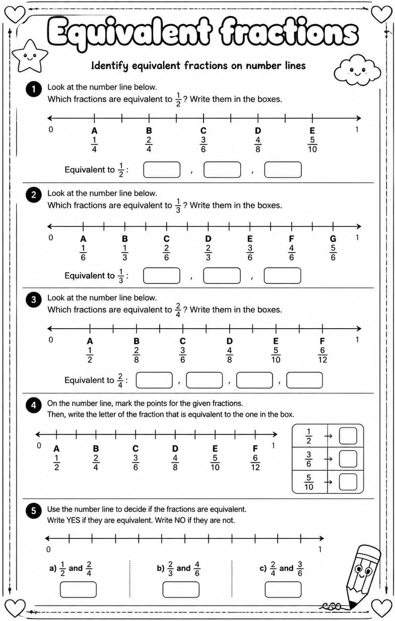 Identify equivalent fractions on number lines — free printable Grade 3 math worksheet