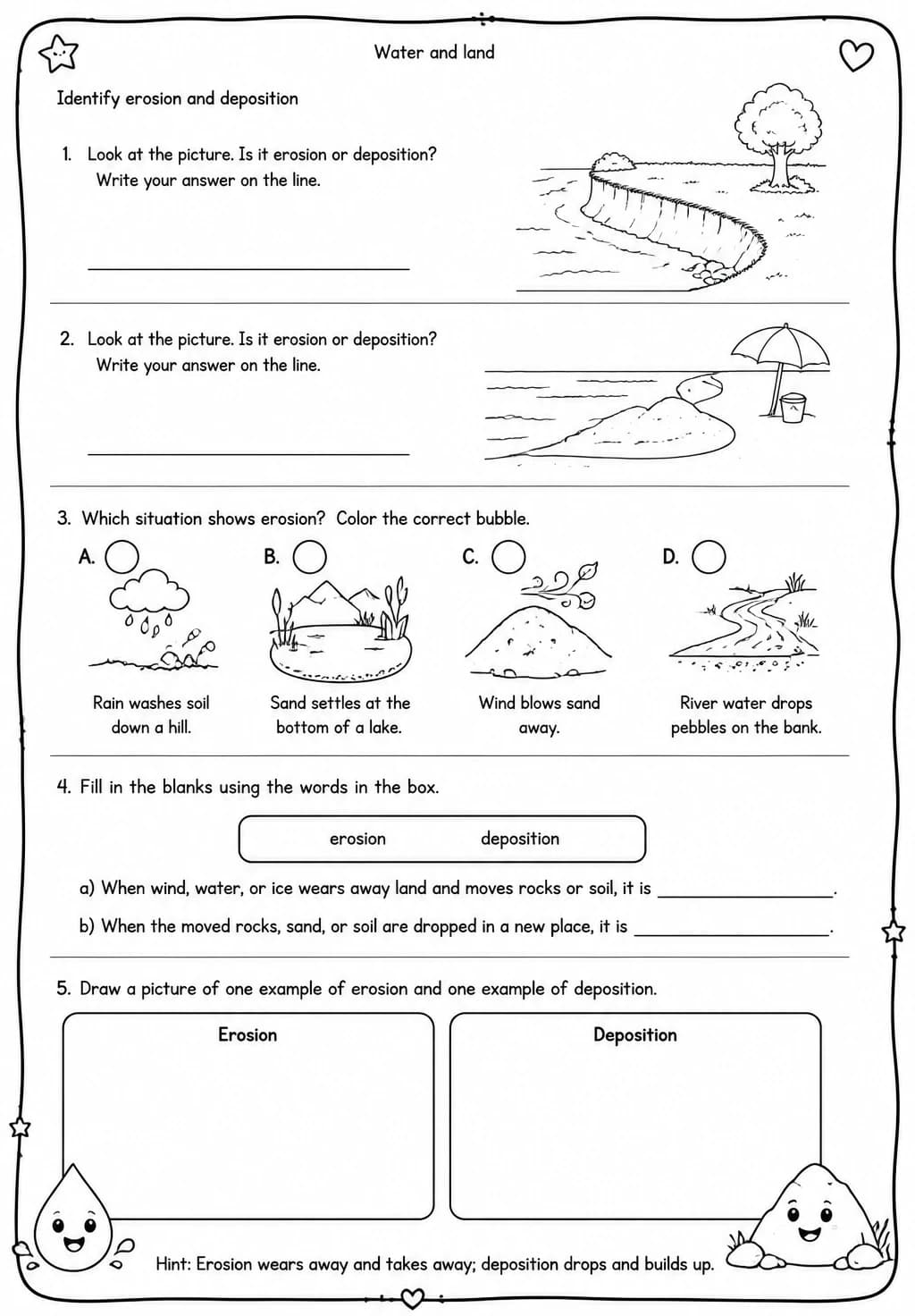 Identify erosion and deposition — free printable Grade 2 Science worksheet