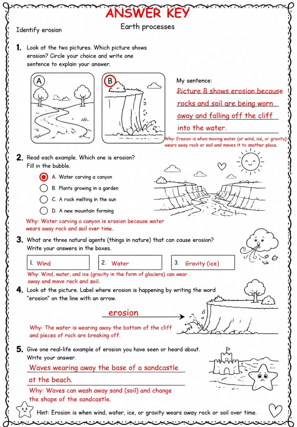 Answer key for Identify erosion — free printable Science worksheet