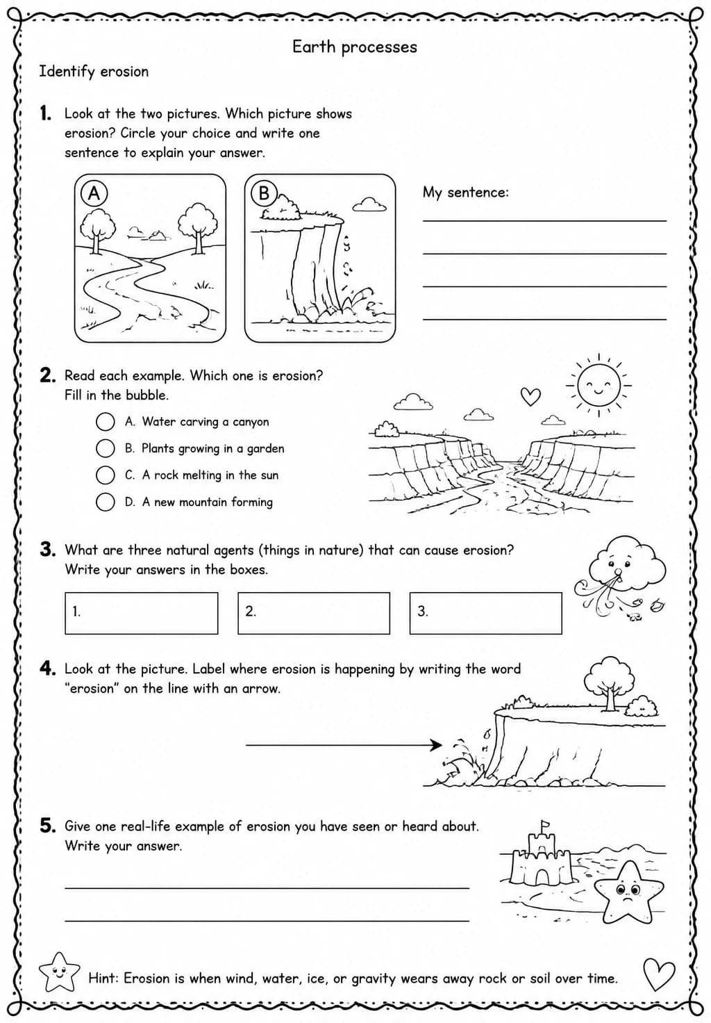 Identify erosion — free printable Grade 4 Science worksheet
