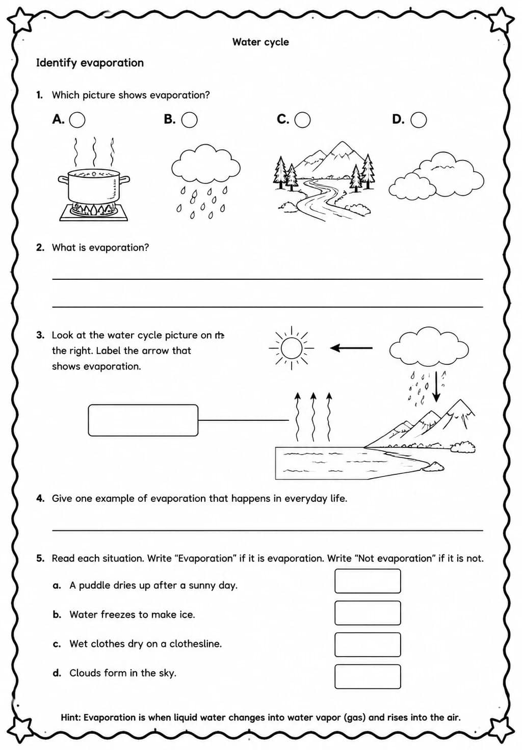 Identify evaporation — free printable Grade 5 Science worksheet
