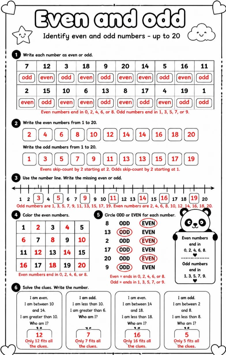 Answer key for Identify even and odd numbers - up to 20 — free printable Math worksheet