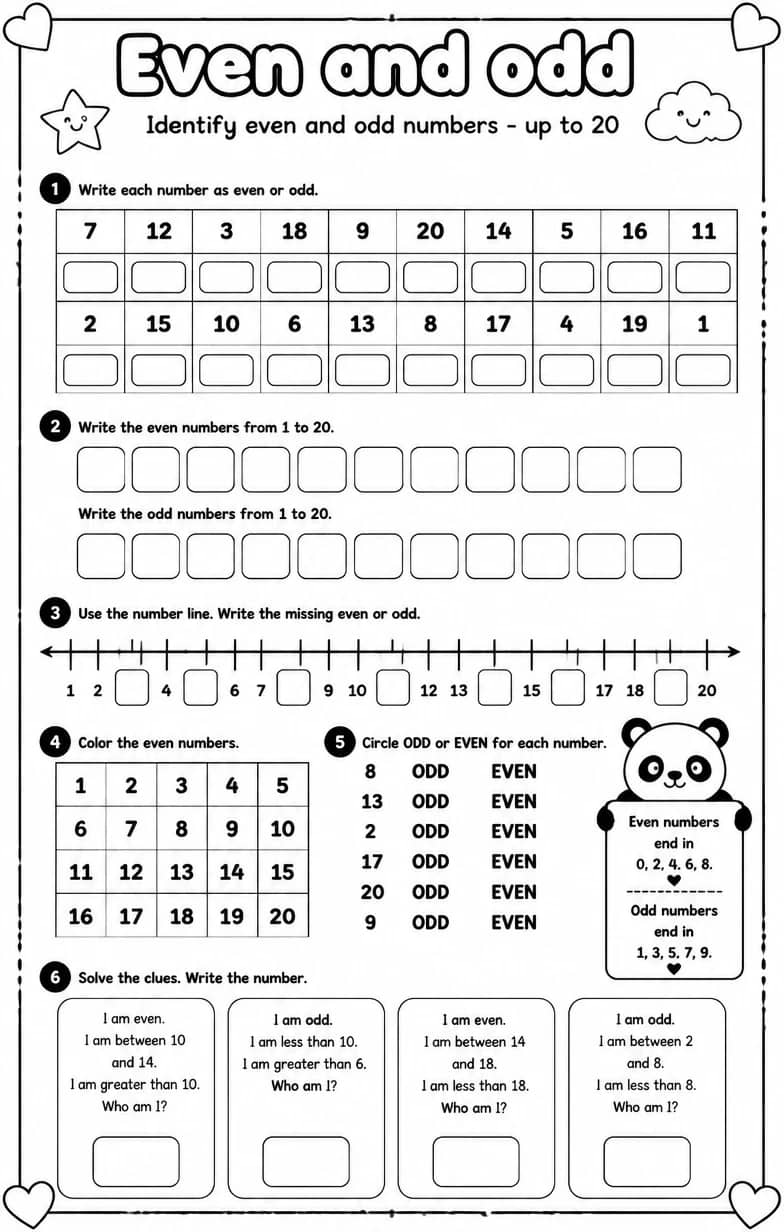 Identify even and odd numbers - up to 20 — free printable Grade 2 math worksheet