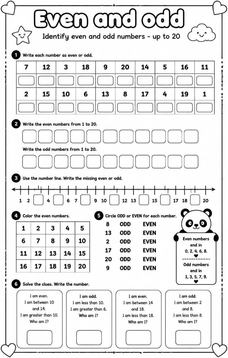 Identify even and odd numbers - up to 20 — free printable Grade 2 Math worksheet