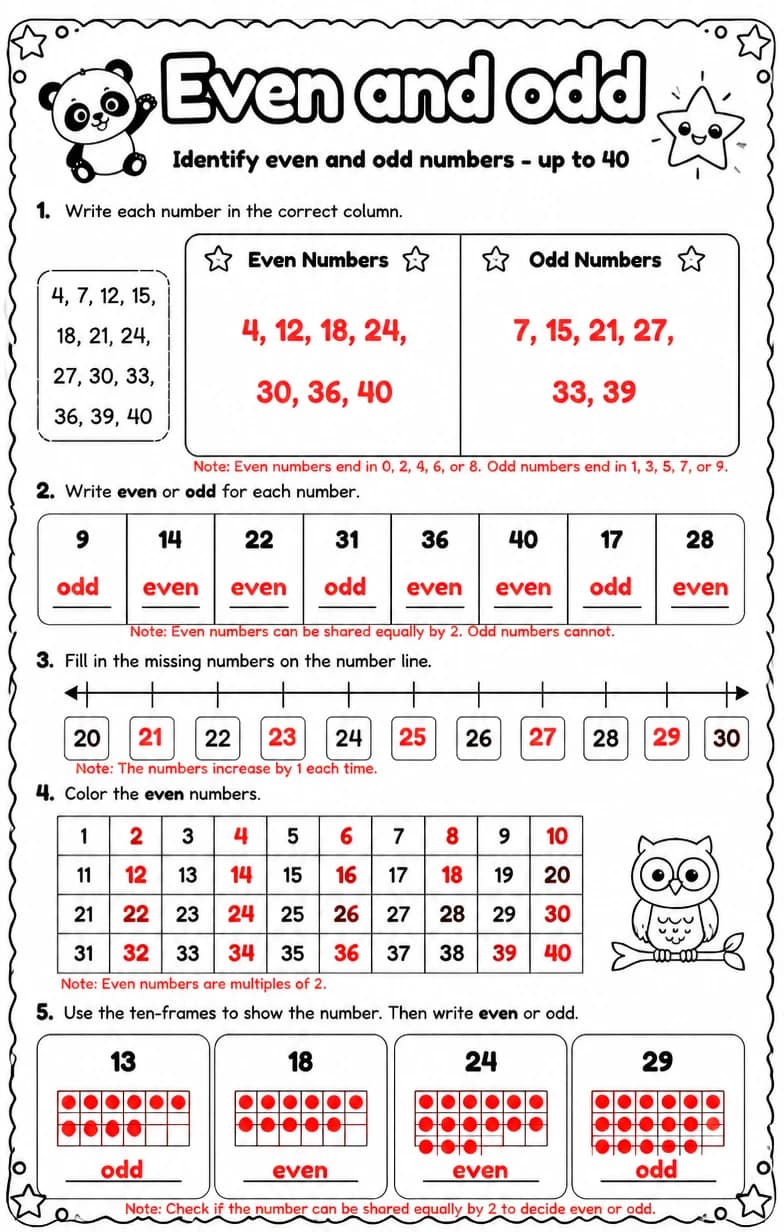 Answer key for Identify even and odd numbers - up to 40 — free printable Math worksheet