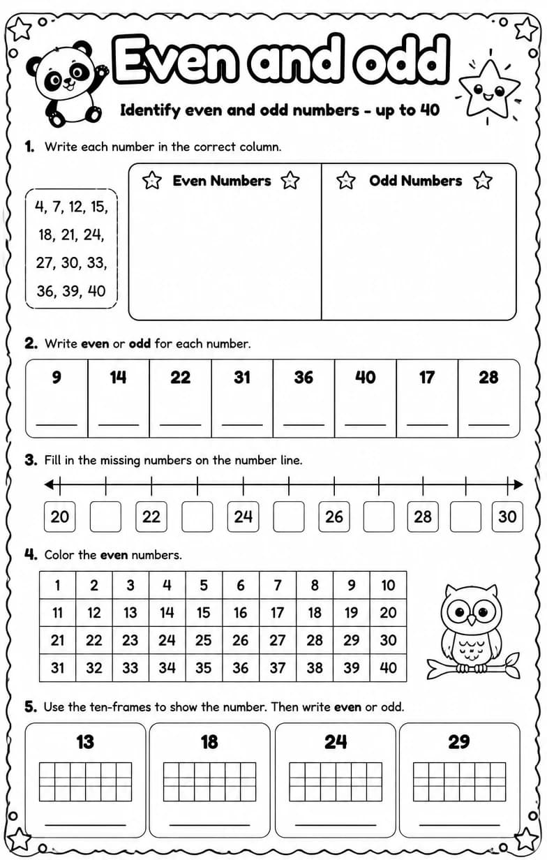 Identify even and odd numbers - up to 40 — free printable Grade 2 Math worksheet