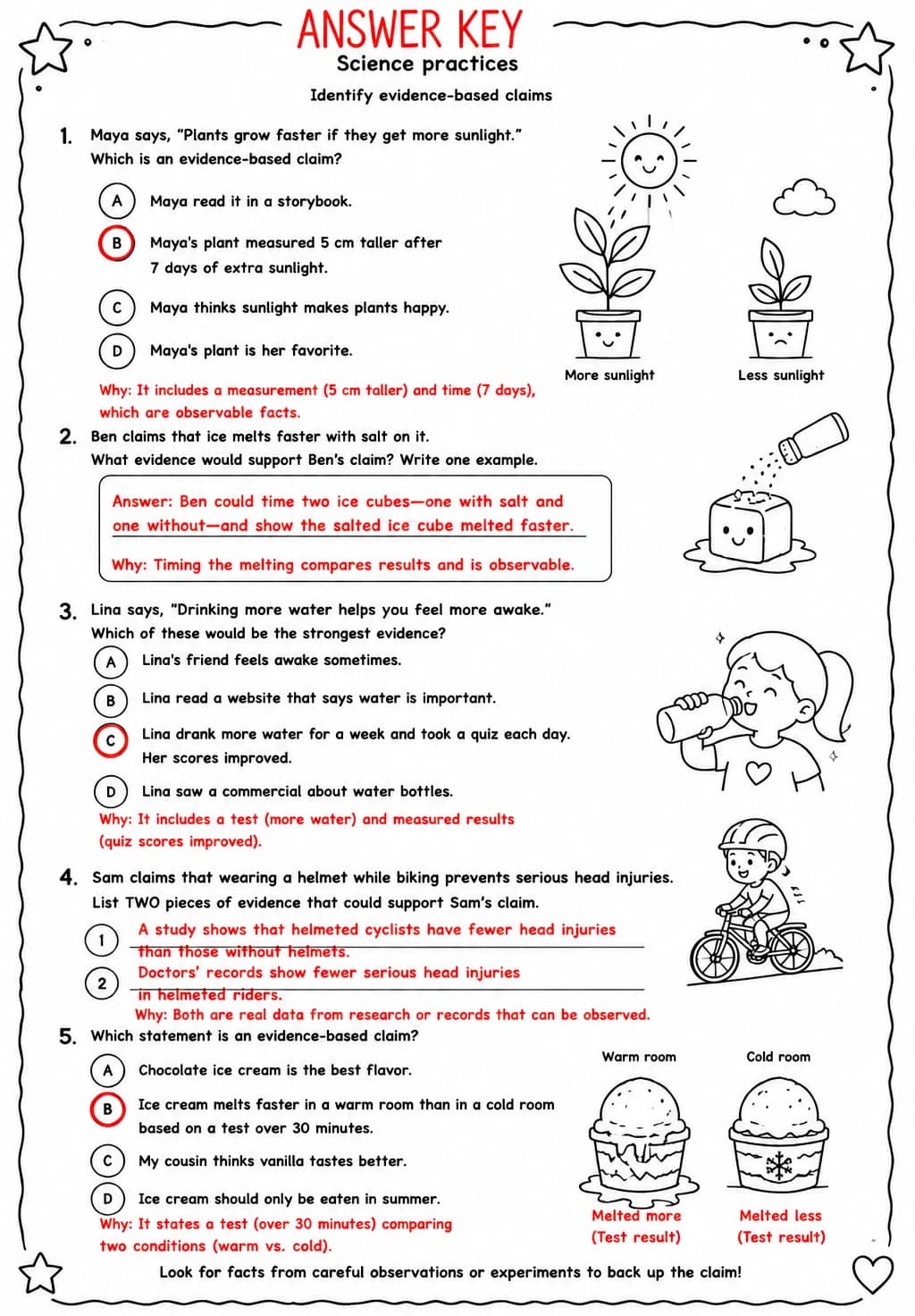 Answer key for Identify evidence-based claims — free printable Science worksheet