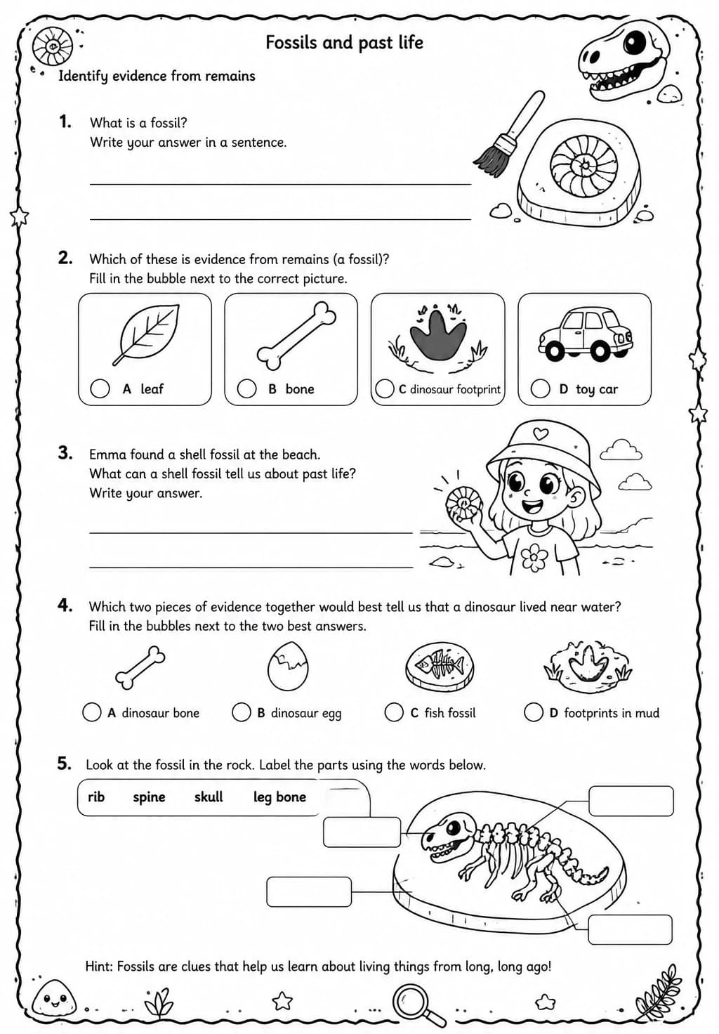Identify evidence from remains — free printable Grade 3 Science worksheet